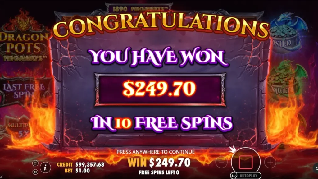 Dragon Pots Megaways slot machine interface with dragon theme